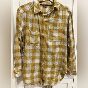 Pilcro Wool Cross Stitch Mustard and White Plaid Button Down Shirt